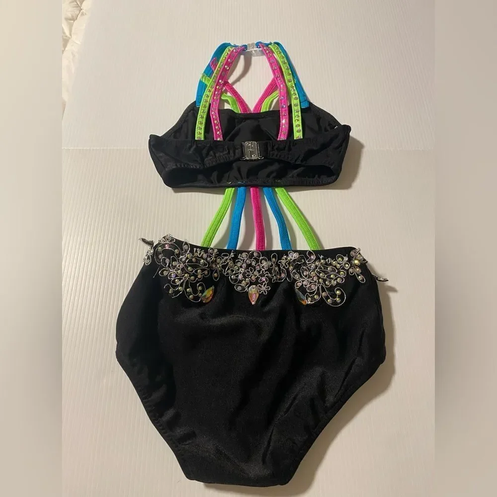 Glamour solo dance costume 2 piece style neon black bedazzled LC-large child